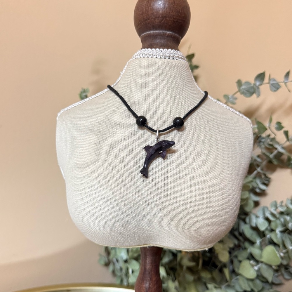 Black purple wooden Dolphin Pendant Necklace